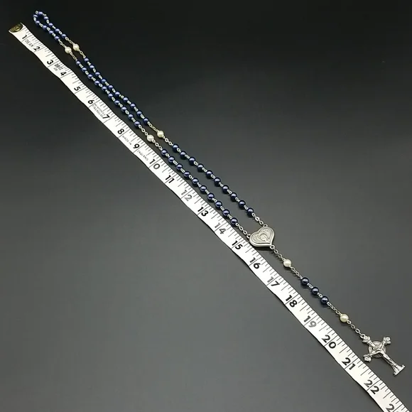 Vintage Blue and White Pearl Beaded Silver Chain Rosary Necklace - Picture 7 of 7